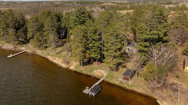 aerial view of a nearby body of water and a forest
