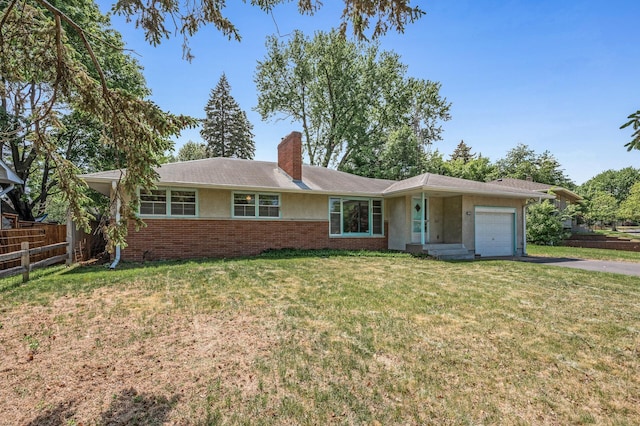 36 Logan Ave E, West Saint Paul, MN 55118 - ranch-style house with a garage, driveway, brick siding, a chimney, and stucco siding