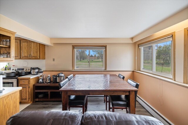 dining area with a baseboard heating unit and dark wood-style floors