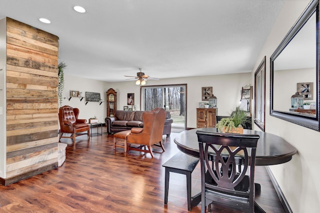dining space with recessed lighting, a ceiling fan, baseboards, and wood finished floors