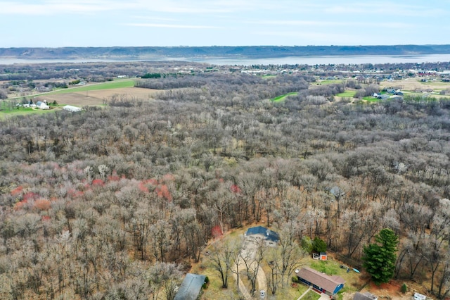 birds eye view of property with a water view and a wooded view
