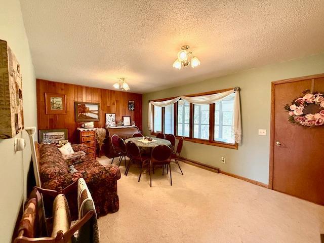 15497 Meiners Rd, Mayville Twp, MN 55921 - dining room with carpet flooring, a textured ceiling, baseboards, and wood walls