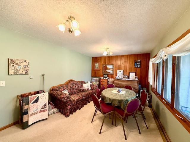 15497 Meiners Rd, Mayville Twp, MN 55921 - carpeted dining area with a textured ceiling, wood walls, baseboards, and a chandelier