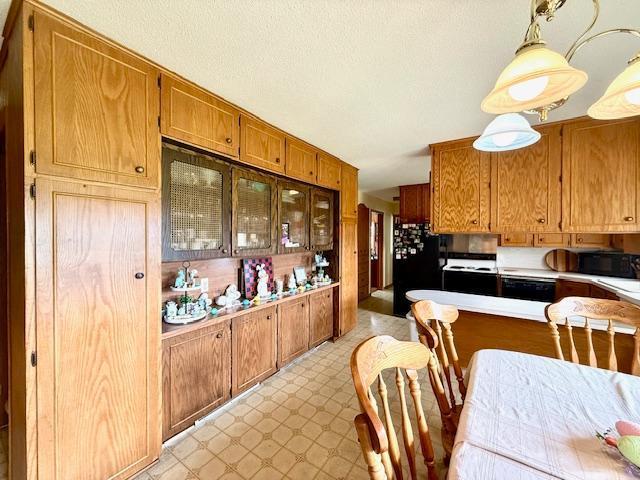 15497 Meiners Rd, Mayville Twp, MN 55921 - kitchen featuring brown cabinets, light countertops, pendant lighting, black appliances, and glass insert cabinets