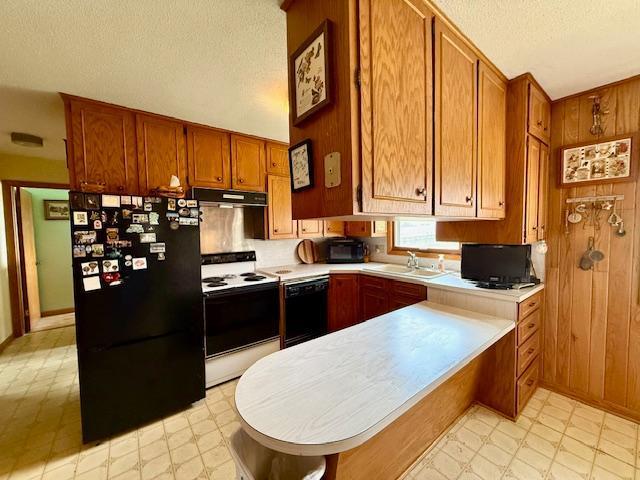 15497 Meiners Rd, Mayville Twp, MN 55921 - kitchen with black appliances, under cabinet range hood, a textured ceiling, light floors, and a peninsula