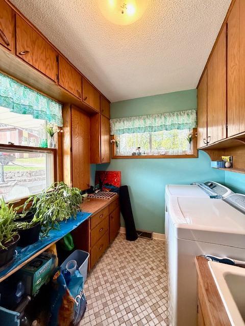 15497 Meiners Rd, Mayville Twp, MN 55921 - washroom featuring cabinet space, washer and dryer, a textured ceiling, and light flooring