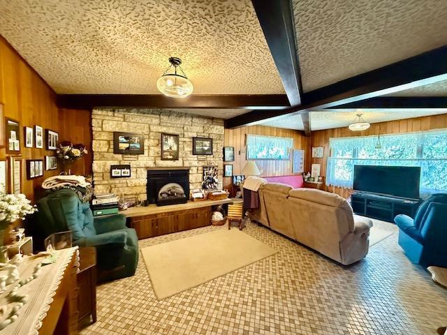 15497 Meiners Rd, Mayville Twp, MN 55921 - living room with wood walls, beamed ceiling, a fireplace, and a textured ceiling