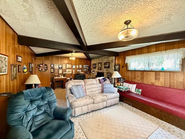 15497 Meiners Rd, Mayville Twp, MN 55921 - living area with wood walls, beam ceiling, carpet floors, and ceiling fan