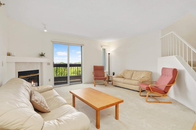 7540 Edinborough Way Unit 1319, Edina, MN 55435 - living area with a fireplace, carpet floors, and stairs