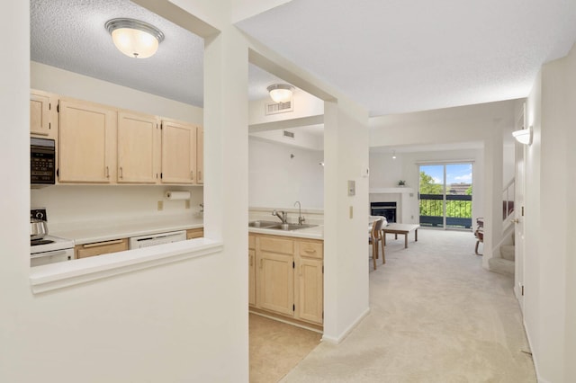 7540 Edinborough Way Unit 1319, Edina, MN 55435 - kitchen with a sink, white appliances, light brown cabinets, light colored carpet, and a textured ceiling
