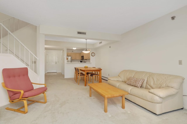 7540 Edinborough Way Unit 1319, Edina, MN 55435 - living area featuring stairway, light carpet, and a baseboard heating unit