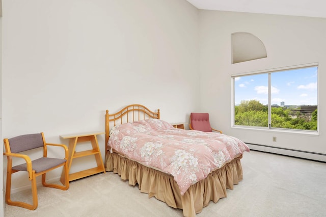 7540 Edinborough Way Unit 1319, Edina, MN 55435 - bedroom featuring light carpet, a baseboard radiator, and high vaulted ceiling