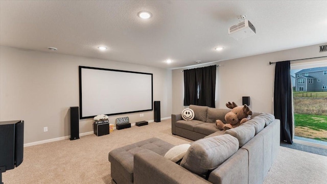 cinema featuring baseboards, carpet flooring, and recessed lighting