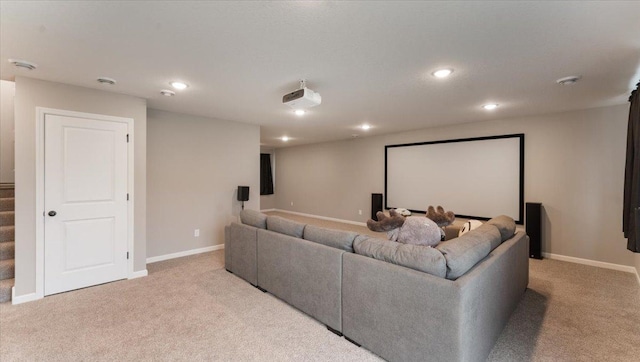 cinema room with recessed lighting, carpet, and baseboards