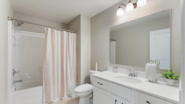 full bathroom featuring toilet, tile patterned flooring, shower / tub combo, and vanity