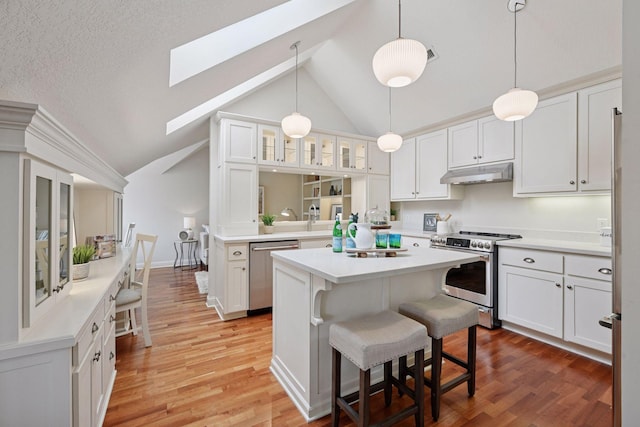 205 Mill St Unit S301, Excelsior, MN 55331 - kitchen with stainless steel appliances, under cabinet range hood, a breakfast bar area, a kitchen island, and high vaulted ceiling