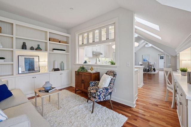 205 Mill St Unit S301, Excelsior, MN 55331 - living area featuring a skylight, lofted ceiling, light wood-style floors, and baseboards