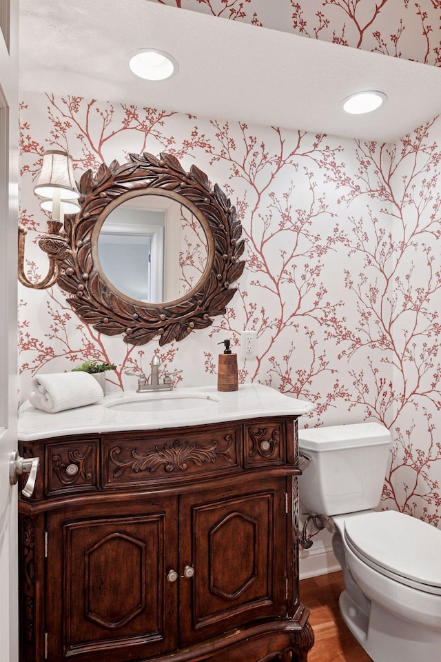 205 Mill St Unit S301, Excelsior, MN 55331 - half bathroom with wallpapered walls, vanity, toilet, wood finished floors, and recessed lighting