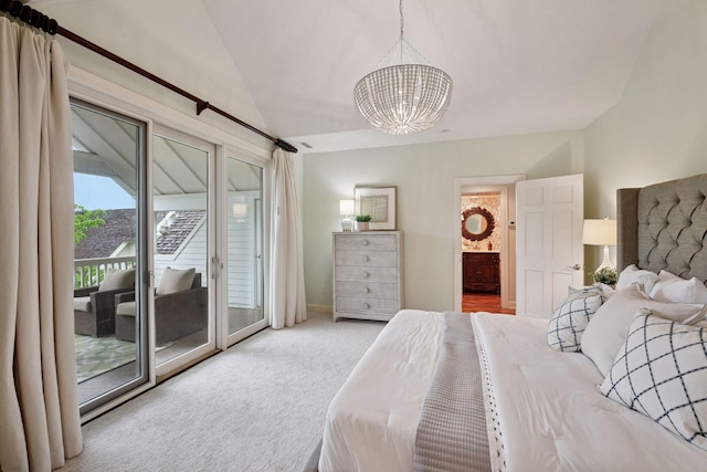 205 Mill St Unit S301, Excelsior, MN 55331 - bedroom featuring access to exterior, a chandelier, carpet, lofted ceiling, and connected bathroom