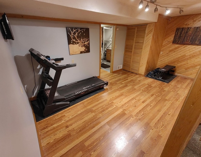 1270 46th Ave NE, Columbia Heights, MN 55421 - exercise room featuring wood walls, wood finished floors, and rail lighting