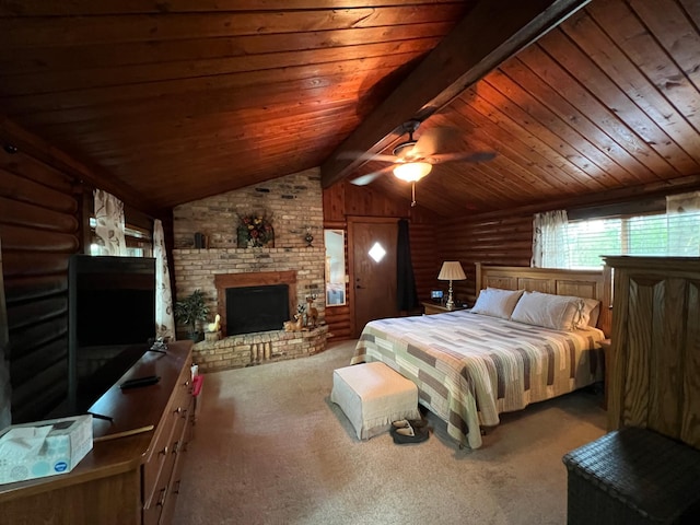 bedroom with wood ceiling, carpet, and a brick fireplace