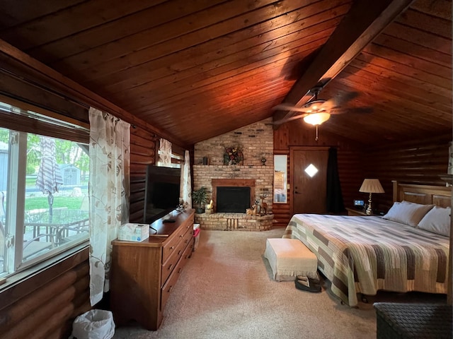 carpeted bedroom featuring wooden ceiling, a fireplace, and wooden walls