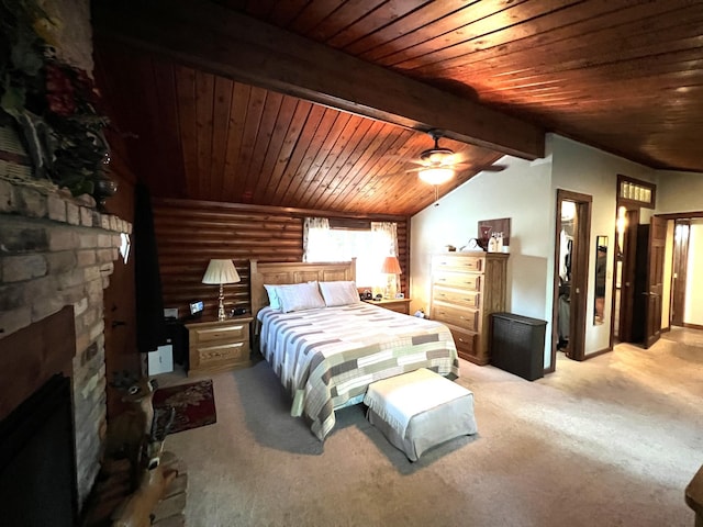 carpeted bedroom with a fireplace, wood ceiling, and rustic walls