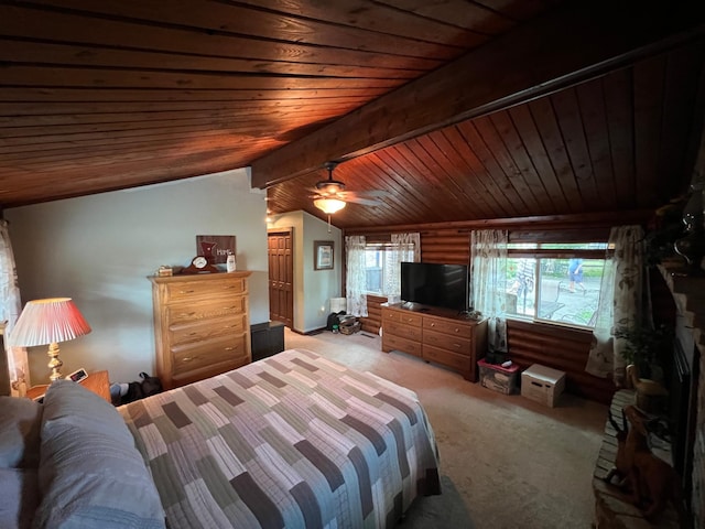 bedroom featuring wooden ceiling, light colored carpet, a fireplace, and ceiling fan