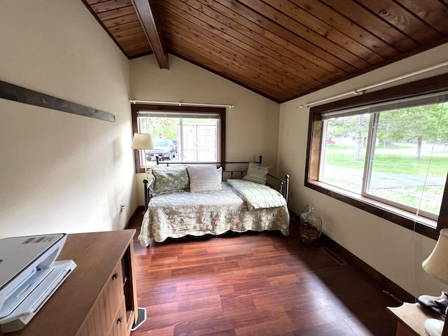 bedroom with wood ceiling, multiple windows, and wood finished floors