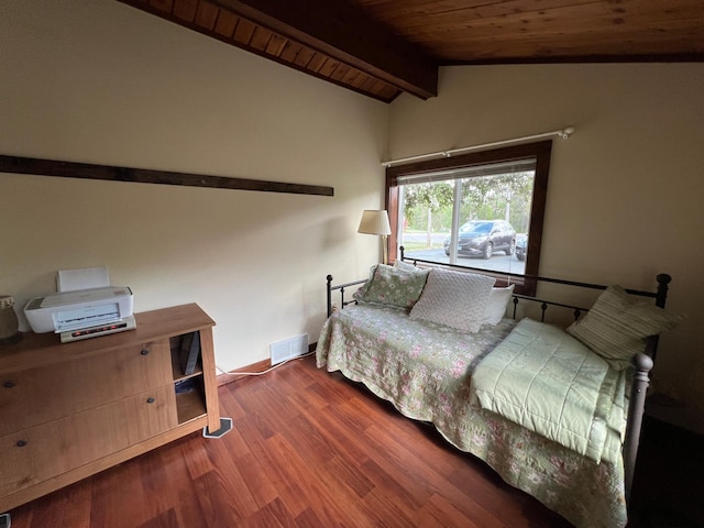 bedroom featuring wooden ceiling and dark wood-type flooring