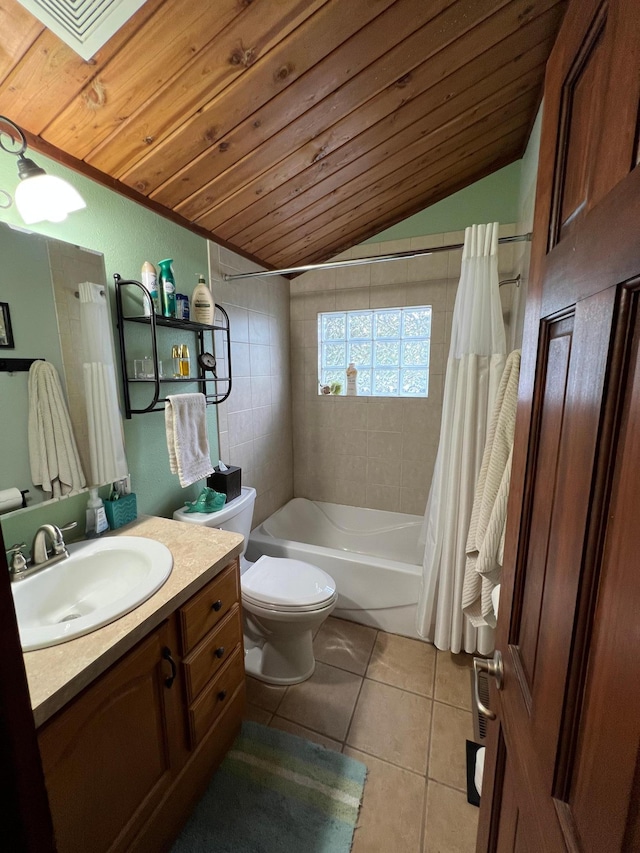 full bath featuring wooden ceiling, lofted ceiling, tile patterned flooring, shower / tub combo with curtain, and vanity