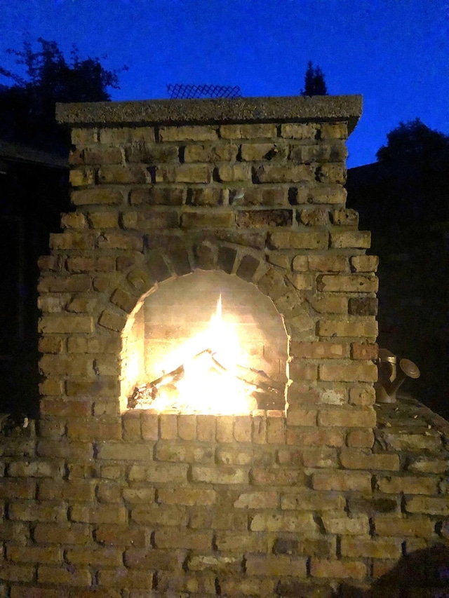 exterior view of a lit fireplace