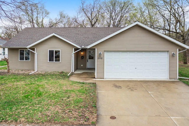single story home with a front yard, concrete driveway, a shingled roof, and a garage