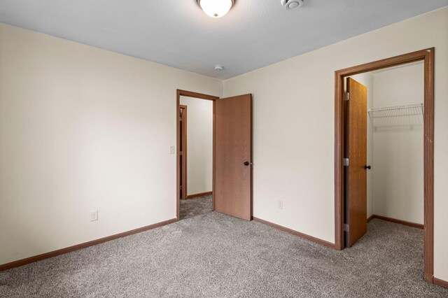 unfurnished bedroom featuring baseboards, a spacious closet, and carpet floors