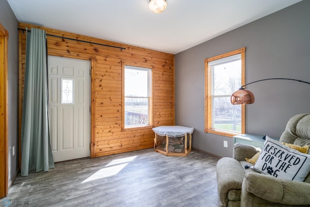 living area featuring wood walls, a wealth of natural light, and wood finished floors