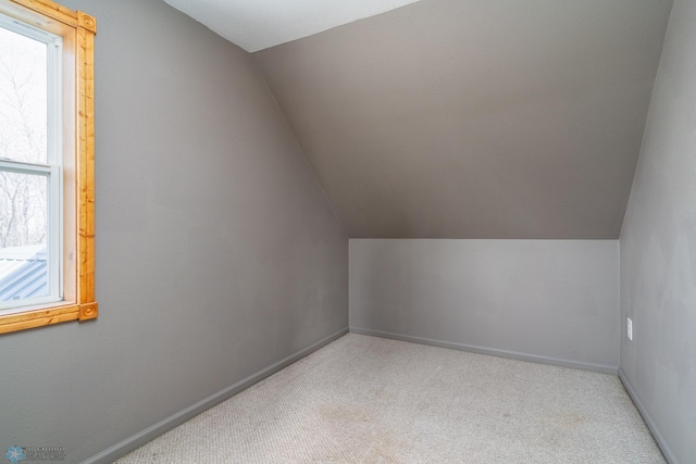 additional living space with baseboards, a healthy amount of sunlight, carpet, and vaulted ceiling