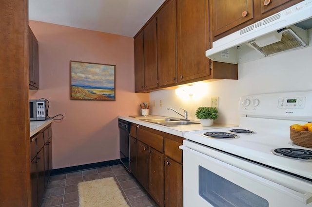 kitchen with electric range, dishwasher, a sink, stainless steel microwave, and under cabinet range hood