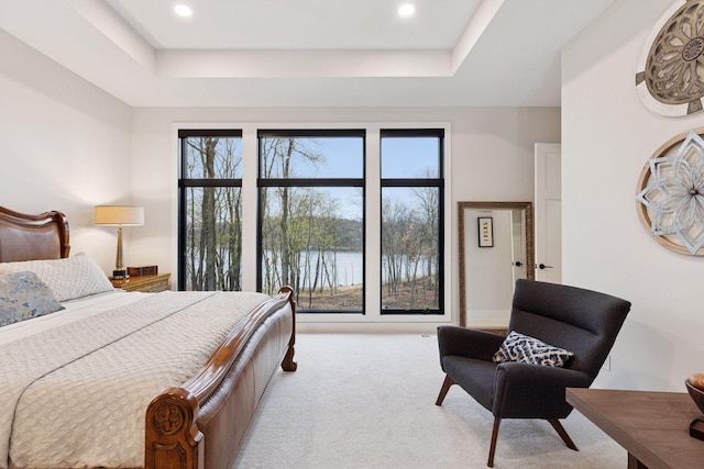 bedroom with light colored carpet, a raised ceiling, and recessed lighting