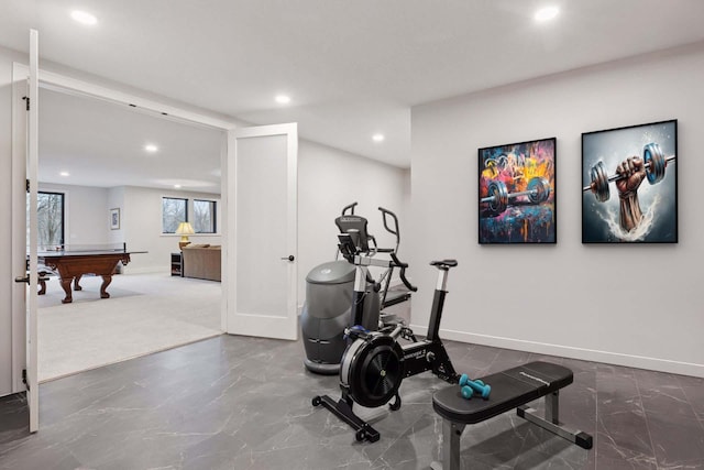 exercise area with marble finish floor, billiards, baseboards, and recessed lighting