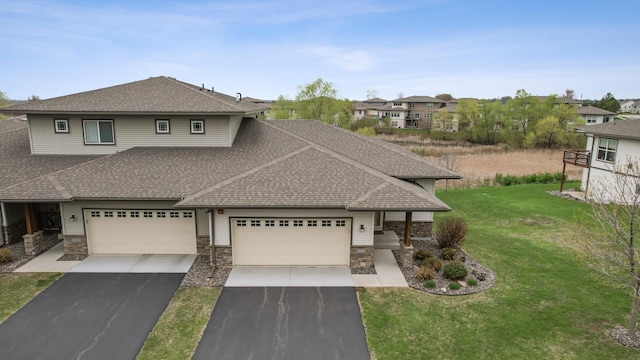 view of front of home featuring stone siding, a shingled roof, a front lawn, and aphalt driveway