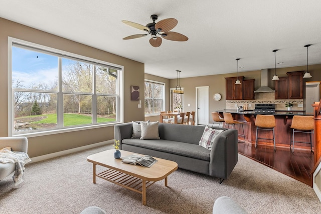 7387 Old Mill Rd, Centerville, MN 55038 - living room featuring light colored carpet, plenty of natural light, and a ceiling fan