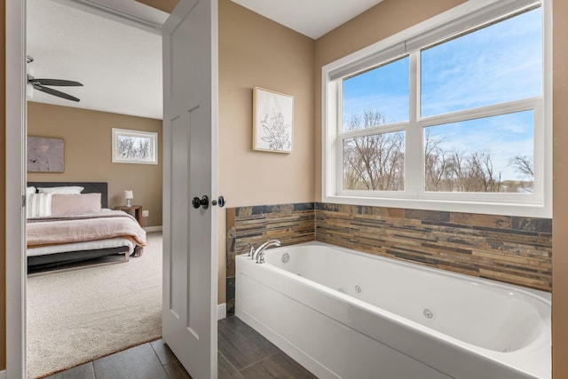 7387 Old Mill Rd, Centerville, MN 55038 - full bathroom with a tub with jets, connected bathroom, and a ceiling fan