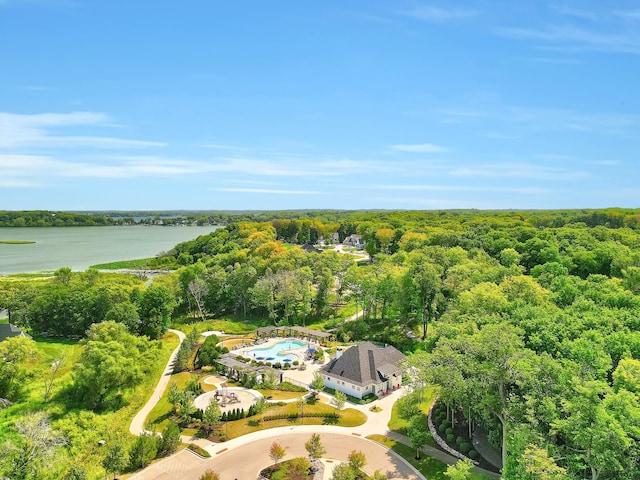 bird's eye view featuring a water view and a view of trees