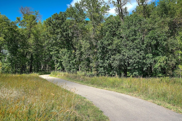 view of street featuring a forest view