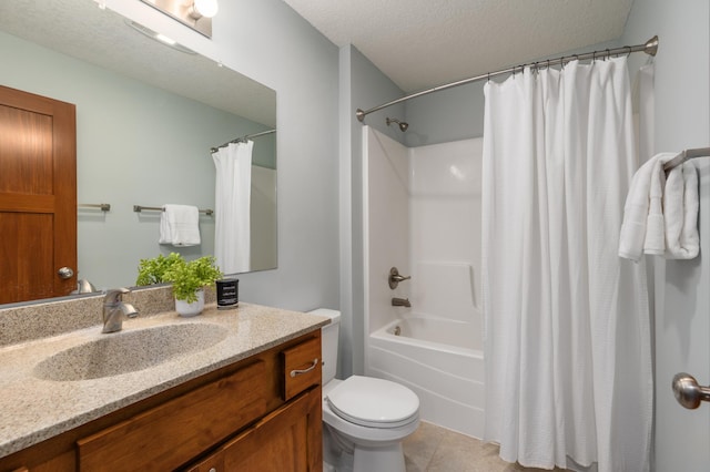 1715 107th St, New Richmond, WI 54017 - bathroom featuring vanity, a textured ceiling, toilet, tile patterned floors, and shower / tub combo with curtain
