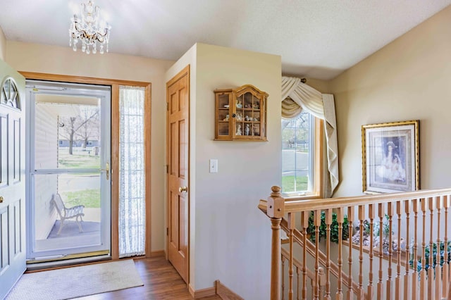 foyer featuring an inviting chandelier and wood finished floors