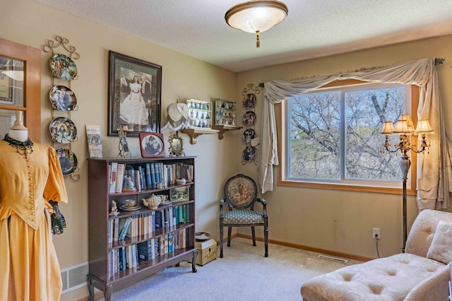 sitting room featuring carpet flooring, a textured ceiling, visible vents, and baseboards