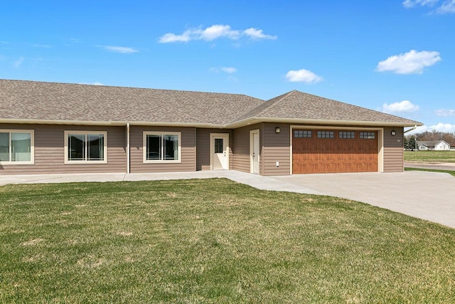 single story home featuring concrete driveway, a front lawn, roof with shingles, and a garage