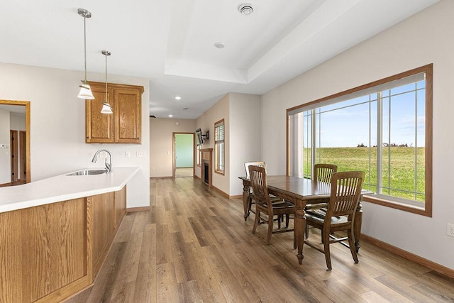 dining room with visible vents, wood finished floors, baseboards, recessed lighting, and a tray ceiling