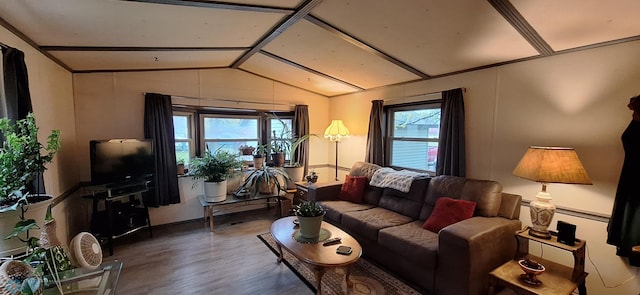 living room featuring vaulted ceiling, wood finished floors, and plenty of natural light